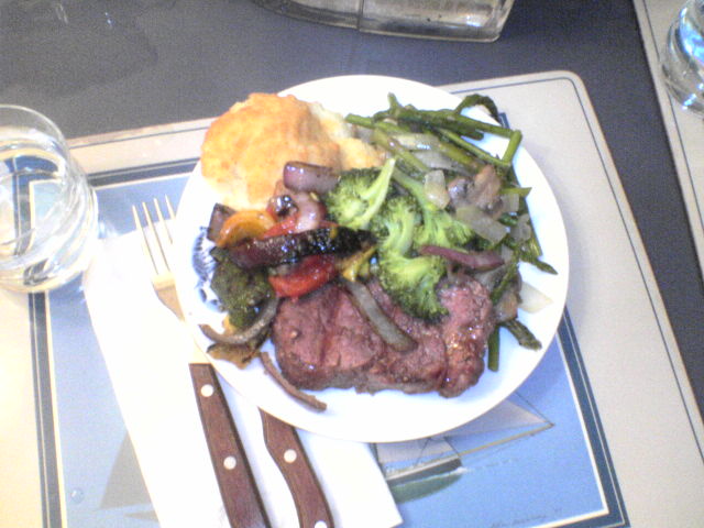 the result of cooking: potatoes, grilled veggies, stir-fried veggies, and steak. 

a success!